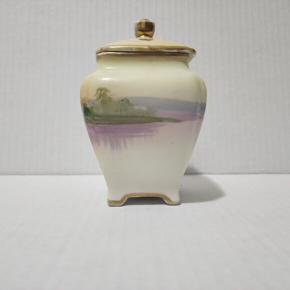 Antique or Vintage Nippon Small Porcelain Potpourri Jar with Lid Sailboat Scene - Picture 5 of 9
